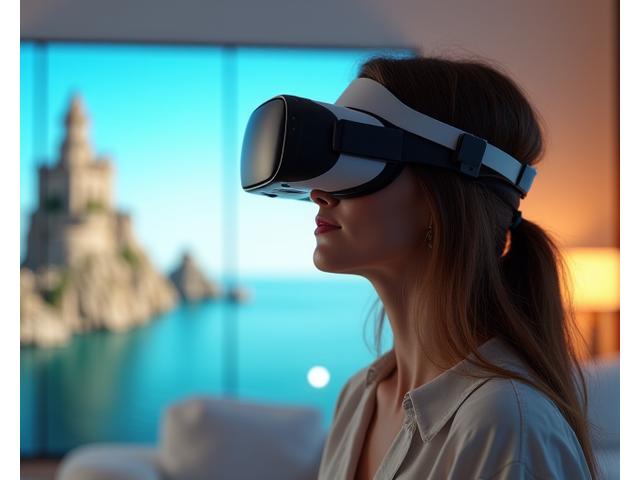Personne utilisant un casque de réalité virtuelle pour explorer une destination exotique.