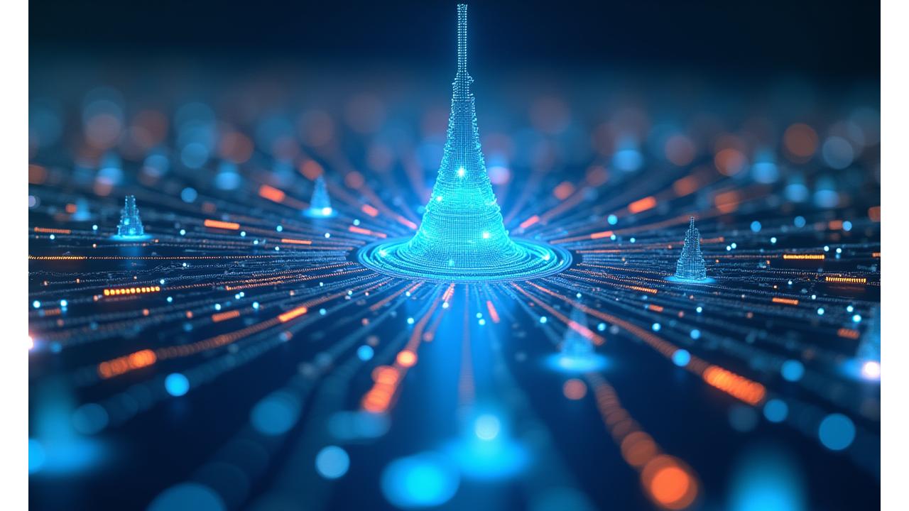 Visualisation architecturale d'une intelligence artificielle traitant des flux de données complexes, avec des interconnexions lumineuses représentant les types d'algorithmes et l'infrastructure cloud.
