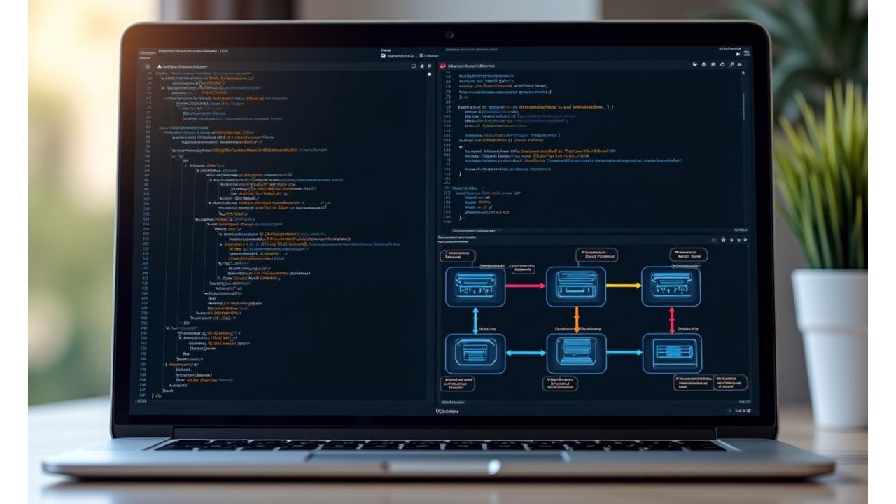 Documentation technique d'API sur un écran d'ordinateur ou de tablette, montrant des extraits de code lisibles et des schémas d'architecture de données avec un design propre et fonctionnel. Les couleurs respectent la palette de la marque, avec des accents lumineux sur les éléments interactifs.