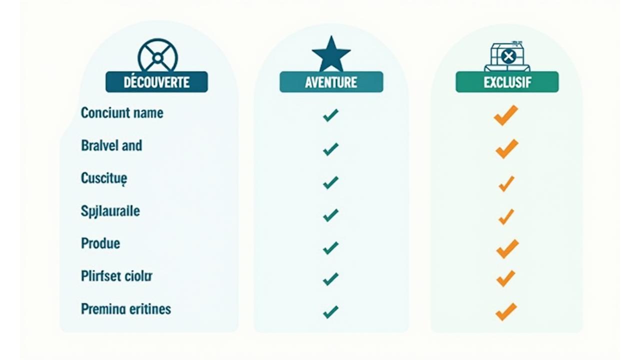 Illustration d'un tableau comparatif visuellement attrayant avec trois colonnes: Essential, Premium, Luxury, énumérant les inclusions et les prix dynamiques pour chaque package.
