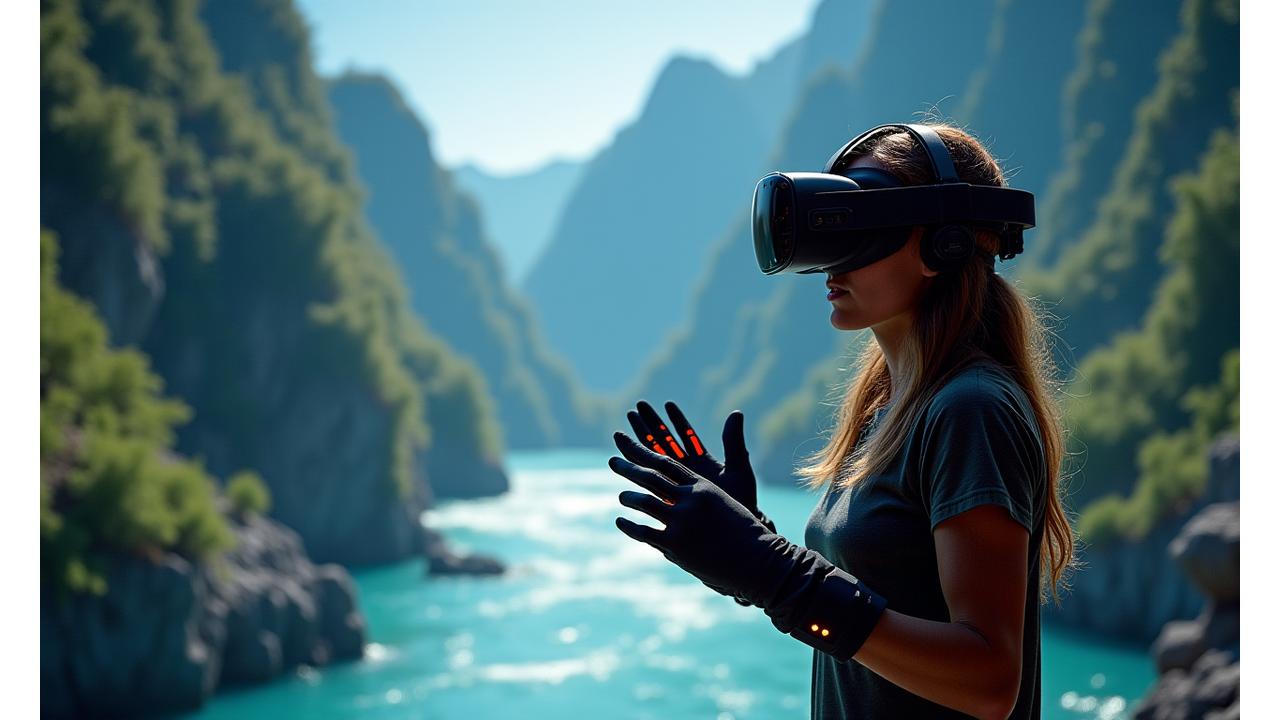 Personne en équipement de réalité virtuelle simulant une activité sportive extrême comme l'escalade dans un environnement virtuel montagneux, avec des graphismes ultra-réalistes et un feedback haptique.