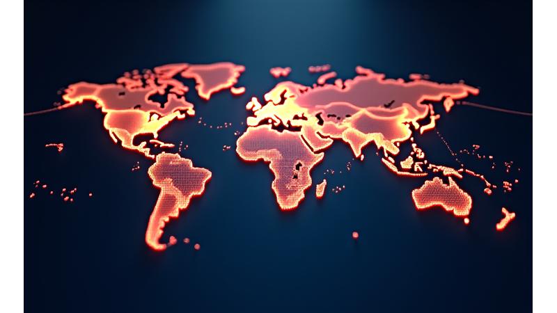 Carte du monde stylisée illuminée, avec des points lumineux représentant les villes où Azimut Tech offre un accès exclusif, un réseau mondial d'opportunités de luxe.