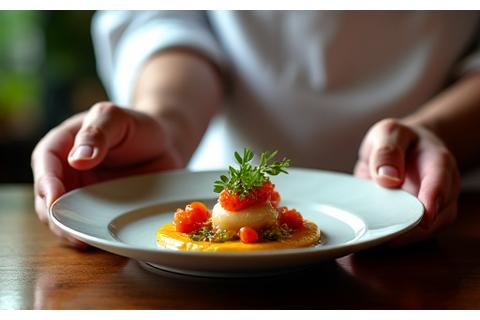 Chef cuisinier de renom présentant une assiette gastronomique avec des ingrédients frais et colorés, dans un restaurant étoilé.